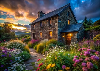 Obraz premium Twilight Bloom: Vivid Wildflowers Against Dark Architectural Background