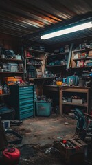 Obraz premium A cluttered garage workshop filled with tools and supplies