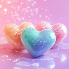 Fototapeta premium Colorful Glossy Heart-Shaped Objects with Glitter on Pastel Background Creating a Dreamy and Whimsical Atmosphere