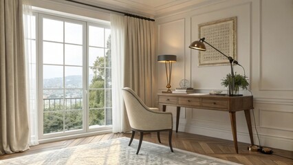 A large window lets in ample natural light complementing the gentle illumination of the task lamps while curtains add an airy touch to the space.