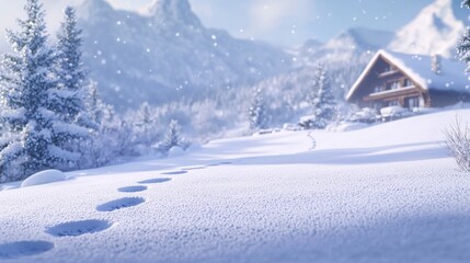 Fototapeta premium Snowy Mountain Cabin Winter Wonderland, Footprints in the Snow