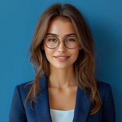 Fototapeta premium Happy beautiful business woman Young wearing glasses ceo wearing suit standing Smiling business professional executive manager