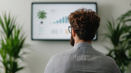 A corporate meeting room with a diverse team discussing sustainability goals, charts and graphs showing renewable energy usage and reduced carbon footprints displayed on a screen, potted plants and