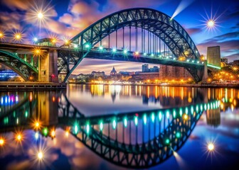 Obraz premium Tyne Bridge Newcastle Upon Tyne River Bokeh Night Photography Stock Photo