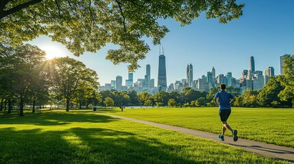 A jogger running through a green city park with a clear sky and city skyline in the background."
