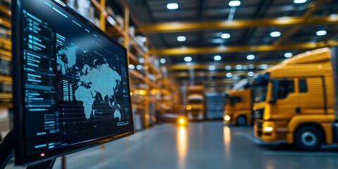 Data monitor and truck logistics concept. High-tech logistics hub with trucks and digital map interface.