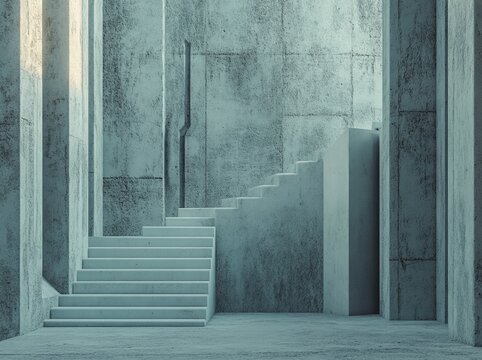 Business growth graph concept featuring an upward arrow on a modern geometric staircase with four steps, symbolizing a growing graph, isolated on a grey background in black and white tone, as a