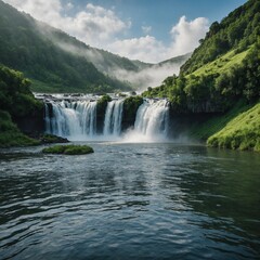 Fototapeta premium The water is crystal-clear, and the scene feels peaceful, with mist rising from the falls blending into the soft background of green hills.
