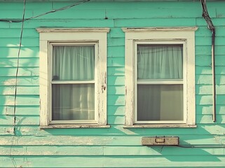 A large white house window adorned with green curtains and hanging wall lamps on a small light green wooden frame, seen from outside