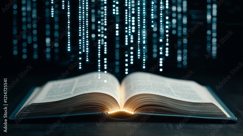 Poster memory retrieval systems concept. open book with glowing text and digital matrix background.