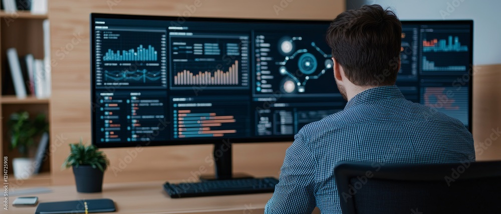Poster business ecosystem strategy connection concept. professional analyzing data on multiple screens in a