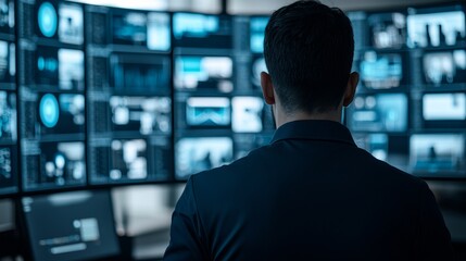 Vision agent systems concept. Professional monitoring of multiple screens in a dark environment.