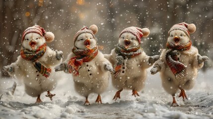 Four Joyful Chicks Dancing in the Winter Snow
