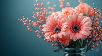 Delicate Peach Gerbera Daisies and Berries Bouquet