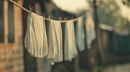 Laundry hanging on a clothesline outdoors in soft sunlight.