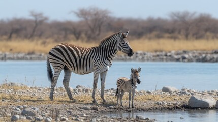 Fototapeta premium Close-up of baby plains zebra beside mother