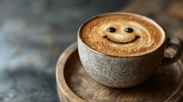 A latte with a smiley face in the foam is centered - Powered by Adobe