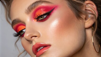 Fototapeta premium A closeup of a person with artistic eye makeup that combines neon red and peach hues in an ombre fashion. Bright lighting reflects off their lashes adding a mesmerizing sparkle