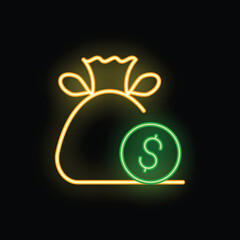 Glowing neon icon of money bag with dollar coin, signifying wealth and prosperity