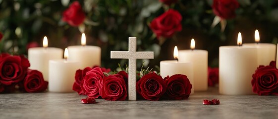 Valentine's day scripture concept. Serene arrangement of roses, candles, and a cross for reflection.
