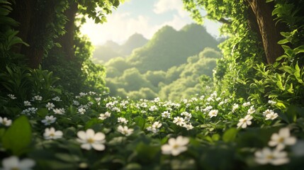 Fototapeta premium Lush green forest clearing with white flowers, sunlit mountains in background.