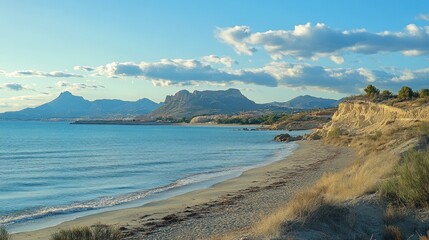 Obraz premium Coastal landscape, beach, mountains, sunset, travel brochure