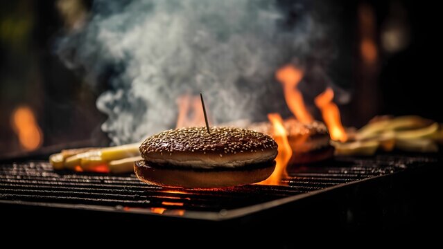Grilling delicious burgers outdoor bbq event food photography smoky atmosphere close-up view culinary experience