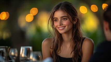 Smiling woman enjoying a dinner outdoors.
