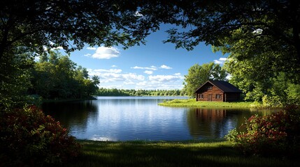 Fototapeta premium Tranquil lake view forest cabin oasis