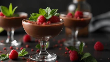 Delicious chocolate mousse is elegantly presented in glasses, garnished with fresh raspberries and mint leaves. The setting is inviting, with a rustic yet refined table arrangement
