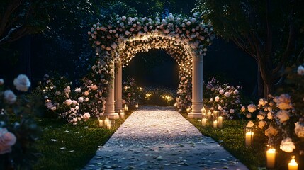 Romantic wedding venue, enchanting floral archway illuminated by soft lights, ideal for heartfelt ceremonies and celebrations.