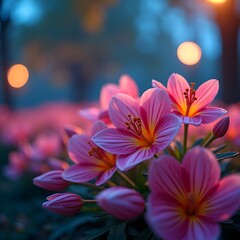 Fototapeta premium Enchanting Macro Flora Vibrant Park Blooms in Fluorescent Light