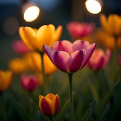 Fototapeta premium Enchanting Abstract Blooms Vibrant Flowers in a Rural Lamp-lit Setting