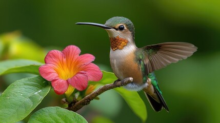 Fototapeta premium Hummingbird hovering near flower, garden, blurred background, nature photography