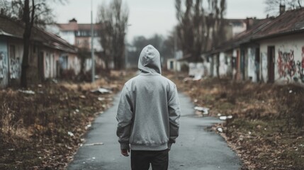 Obraz premium Person in grey hoodie standing on deserted street amidst abandoned buildings.