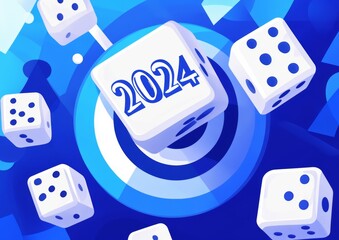 2024 Happy New Year banner featuring stacked white dice with the numbers 2024 on them, resting on a dart icon against a blue backdrop, with space for additional text. This design encourages the