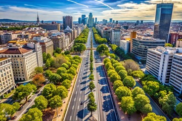 Naklejka premium Aerial View of Madrid's Paseo de la Castellana on a Sunny Day - Minimalist Photography