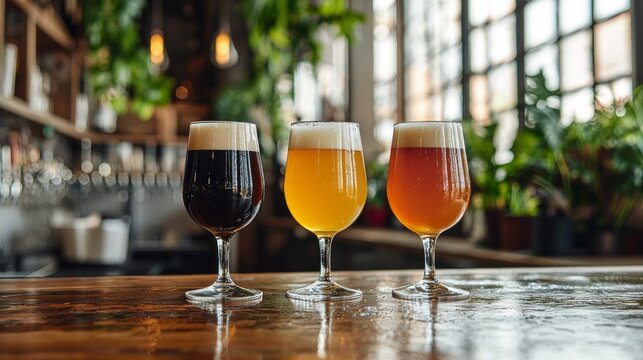 Glasses of distinct draft beers stand proudly on a rustic wooden table, each showcasing unique colors and frothy tops, nestled within a vibrant brewery brimming with greenery and warmth