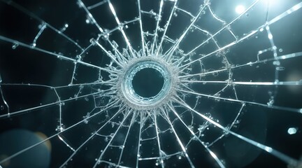 Fototapeta premium Close-up of shattered glass with intricate cracks radiating from the point of impact, surrounded by tiny glass fragments, transparent surface with light reflections, conveying fragility and destructio