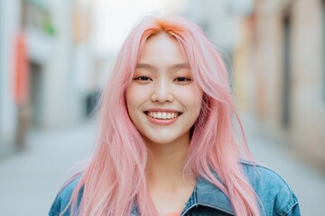Obraz premium Young Asian woman with pink hair smiling in urban setting. Happy expression. Portrait style photo. Stylish fashion, trendy colors. Possible locations include New York City international cities.
