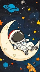 A whimsical illustration of an astronaut relaxing on a crescent moon surrounded by colorful stars and planets, evoking a sense of wonder and exploration.