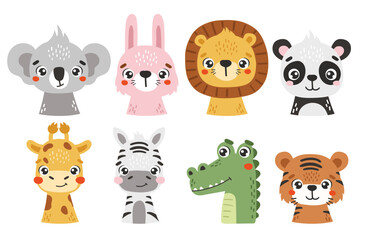 Safari animals set isolated, cute tropical animals, kids illustrations