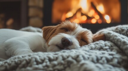 Cozy Dog Snoozing by the Fireplace on a Soft Blanket