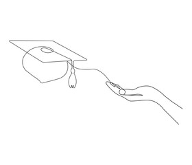 Obraz premium One continuous line drawing of hand with graduation cap. Studying thin symbol or logo in simple linear style. Concept vector art for university or college. Editable stroke. Doodle line illustration