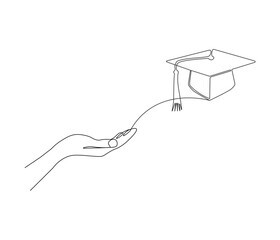 One continuous line drawing of hand with graduation cap. Studying thin symbol or logo in simple linear style. Concept vector art for university or college. Editable stroke. Doodle line illustration