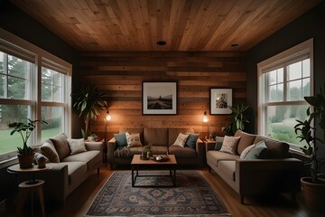 Fototapeta premium A warmly lit wooden living room with comfortable seating, framed artwork, and cozy decor, ideal for relaxation and gatherings.