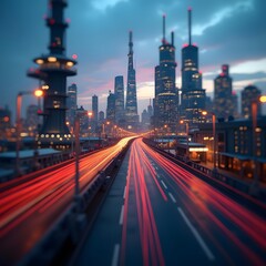 Fototapeta premium Twilight in the Futuristic Industrial City Dynamic Urban Lights on Depositphotos