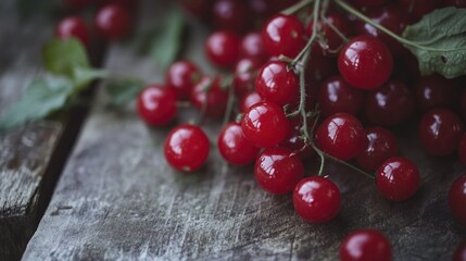 Red currant berries on rustic wooden surface.