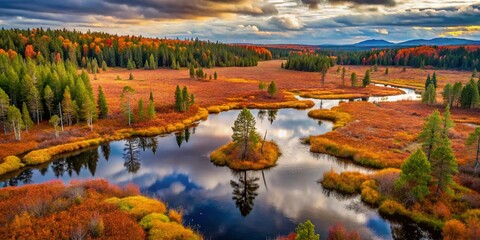 Fototapeta premium Aerial View of Norwegian Boreal Forest Swamp, Moose Habitat, Autumn Colors