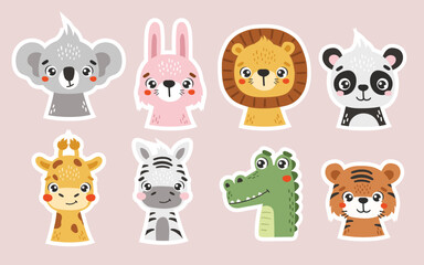 Obraz premium Safari animals set isolated, cute tropical animals, kids printable stickers, vector cartoon
